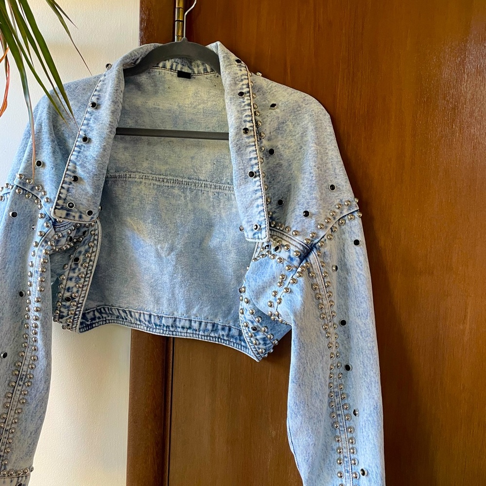 Cropped denim jacket, with silver studs &  black stones. NEW, Never worn
